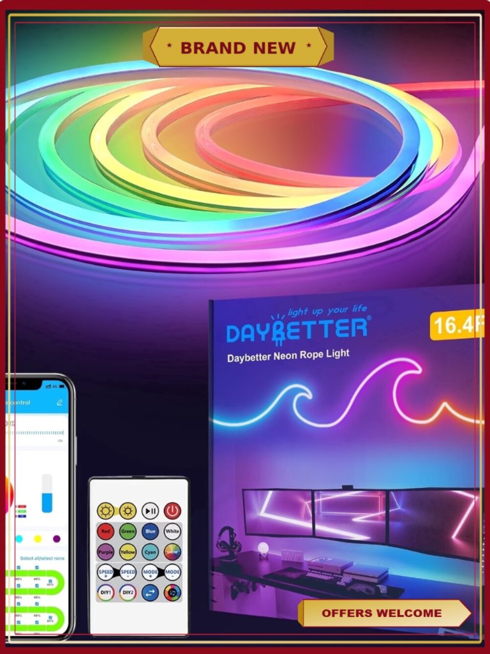 LED Neon Rope Lights 16.4ft Music Sync Remote APP Control IP67 Waterproof